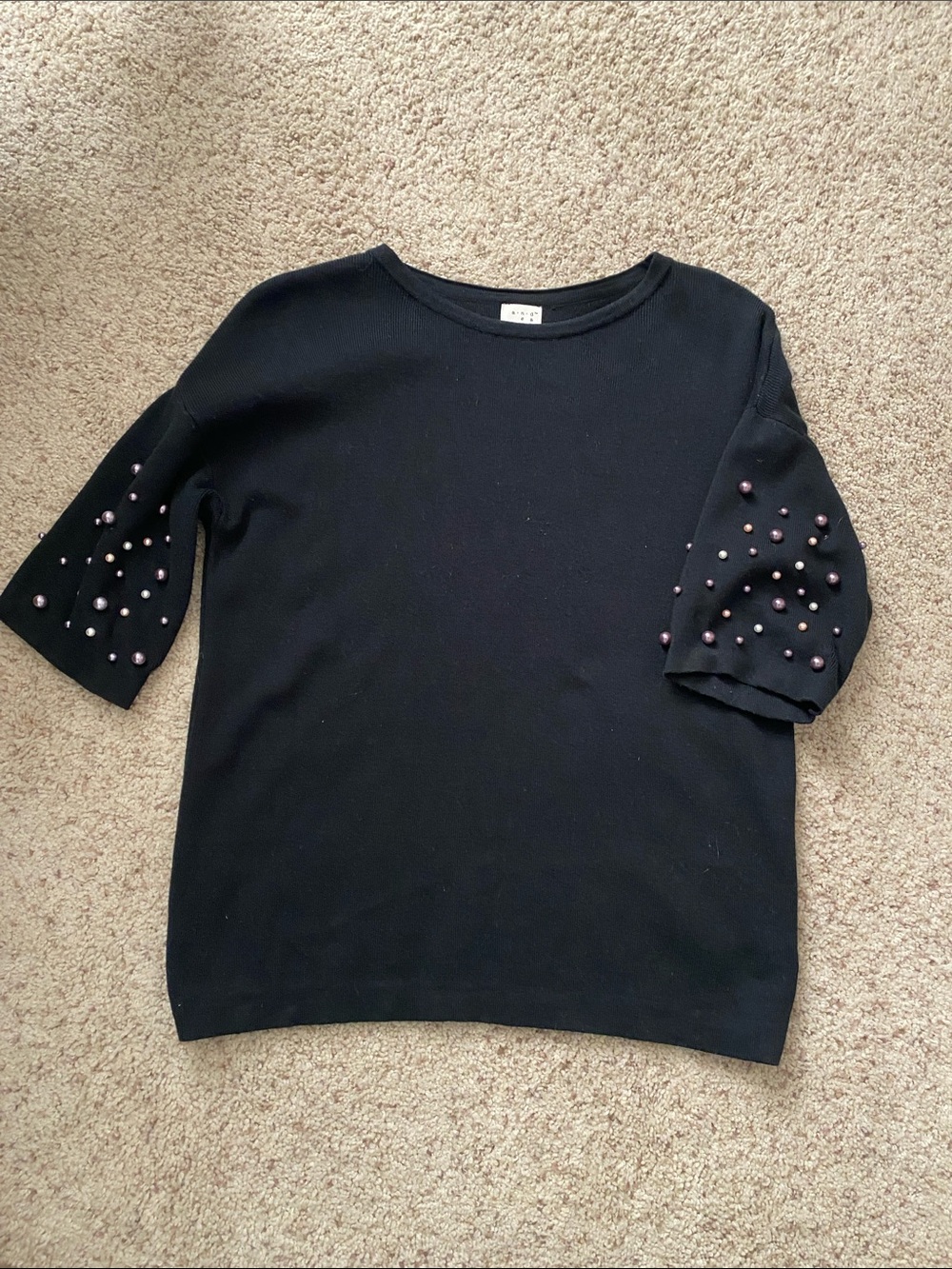 a new day Black Crewneck Sweater with Pearl Accent Sleeves